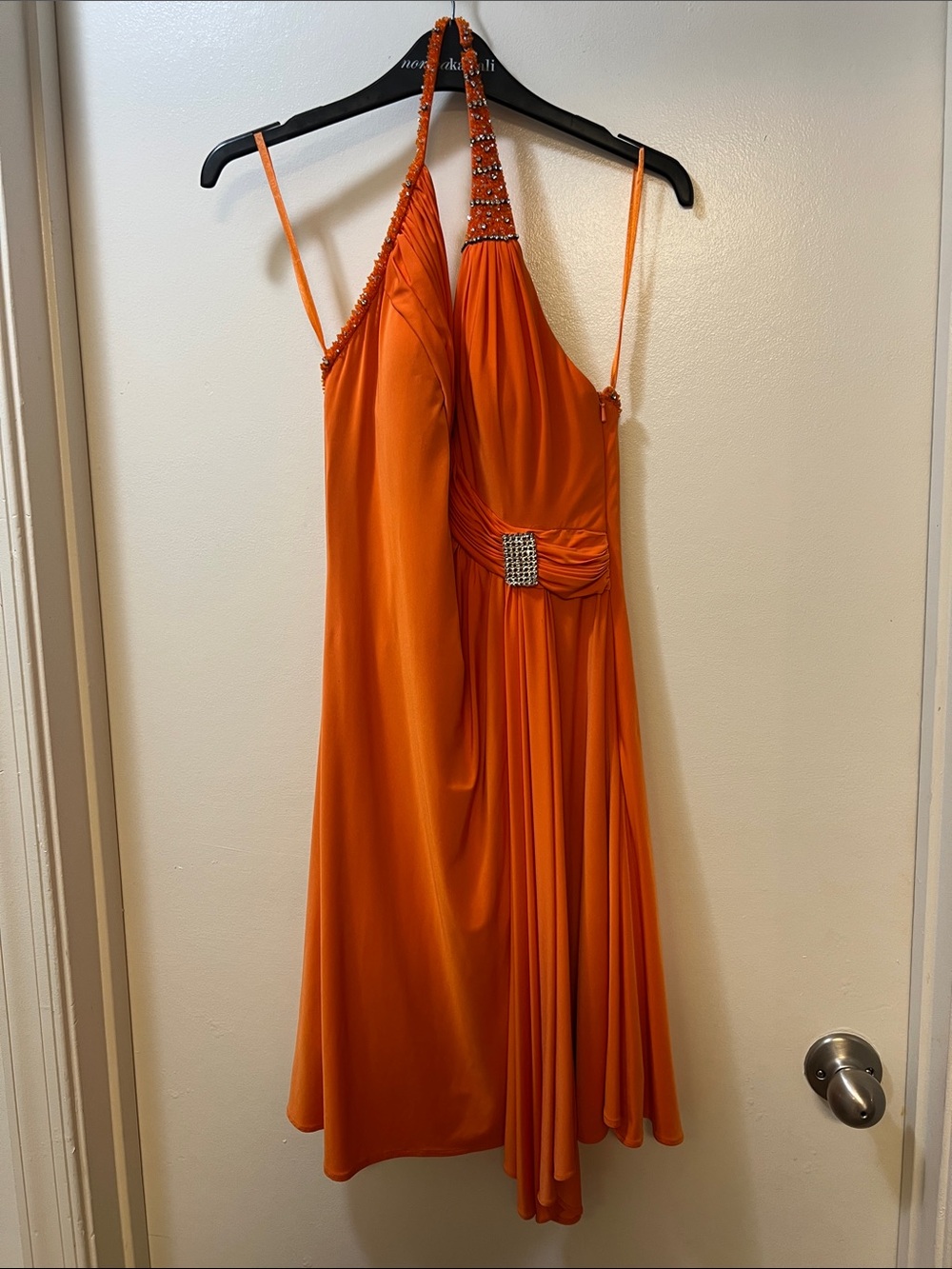 Soho One-Shoulder Orange Evening Gown with Rhinestone Accents